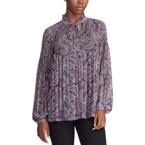 Ralph Lauren Paisley Pintuck Tie Neck Relaxed Fit Peasant Blouse